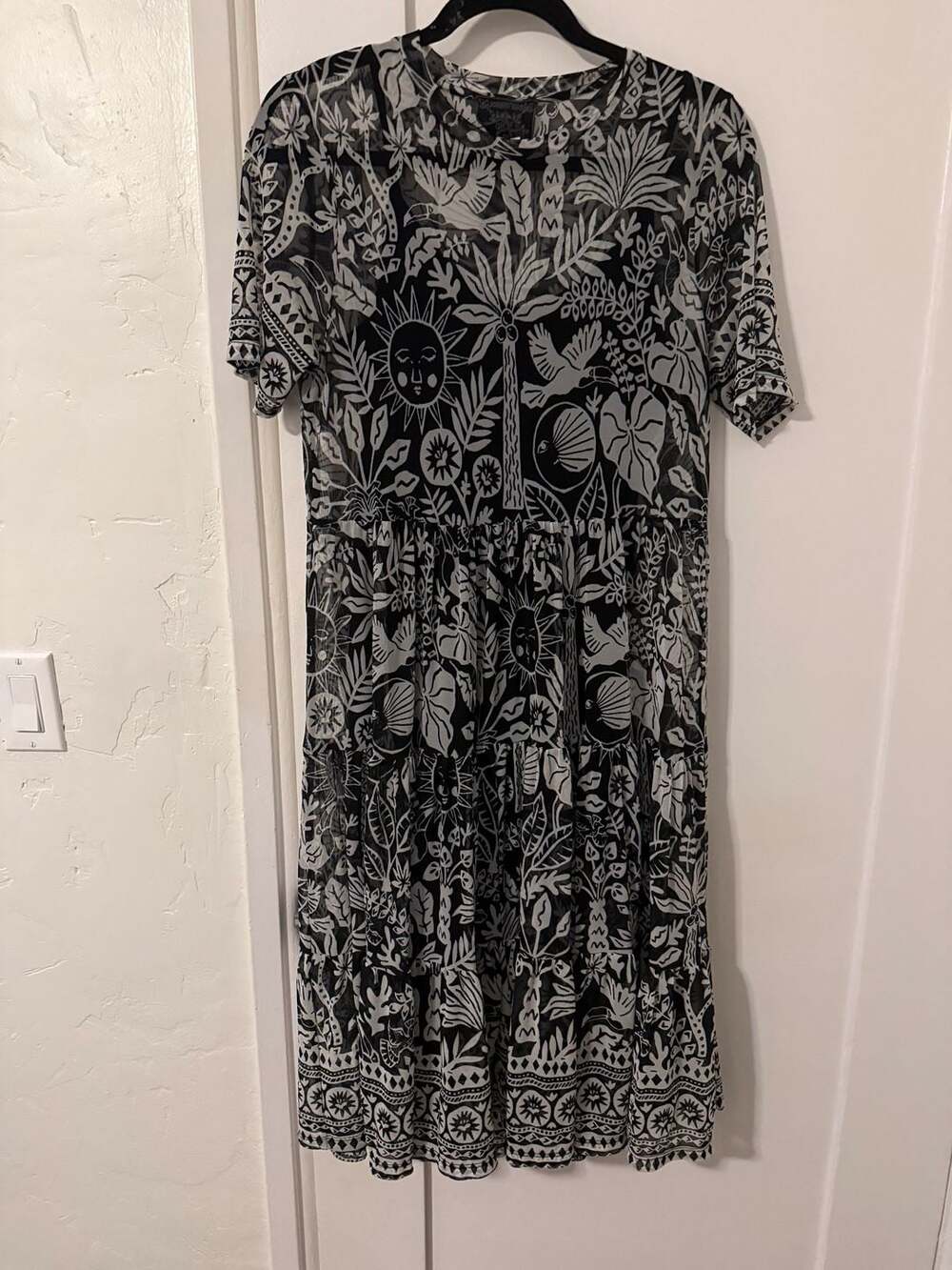 Johnny Was Jade Mesh Midi Dress Size M Black White Tropical Sun